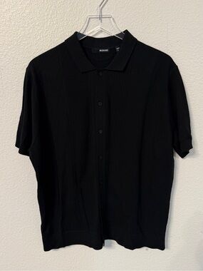 Murano Black Short-Sleeve Knit Button Down Shirt
